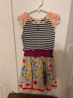 Matilda Jane Navy Striped Bodice Floral Skirt Dress with Peach Ruffles